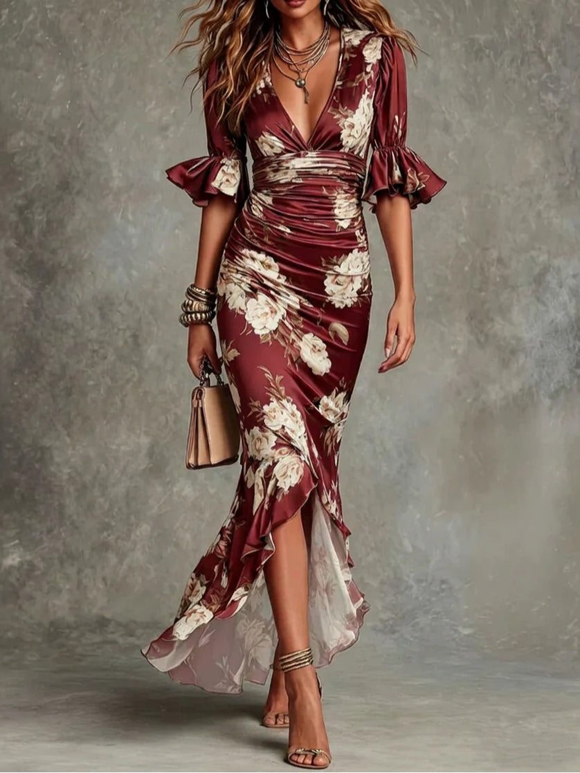 Floral Satin Ruffle V-Neck Maxi Dress