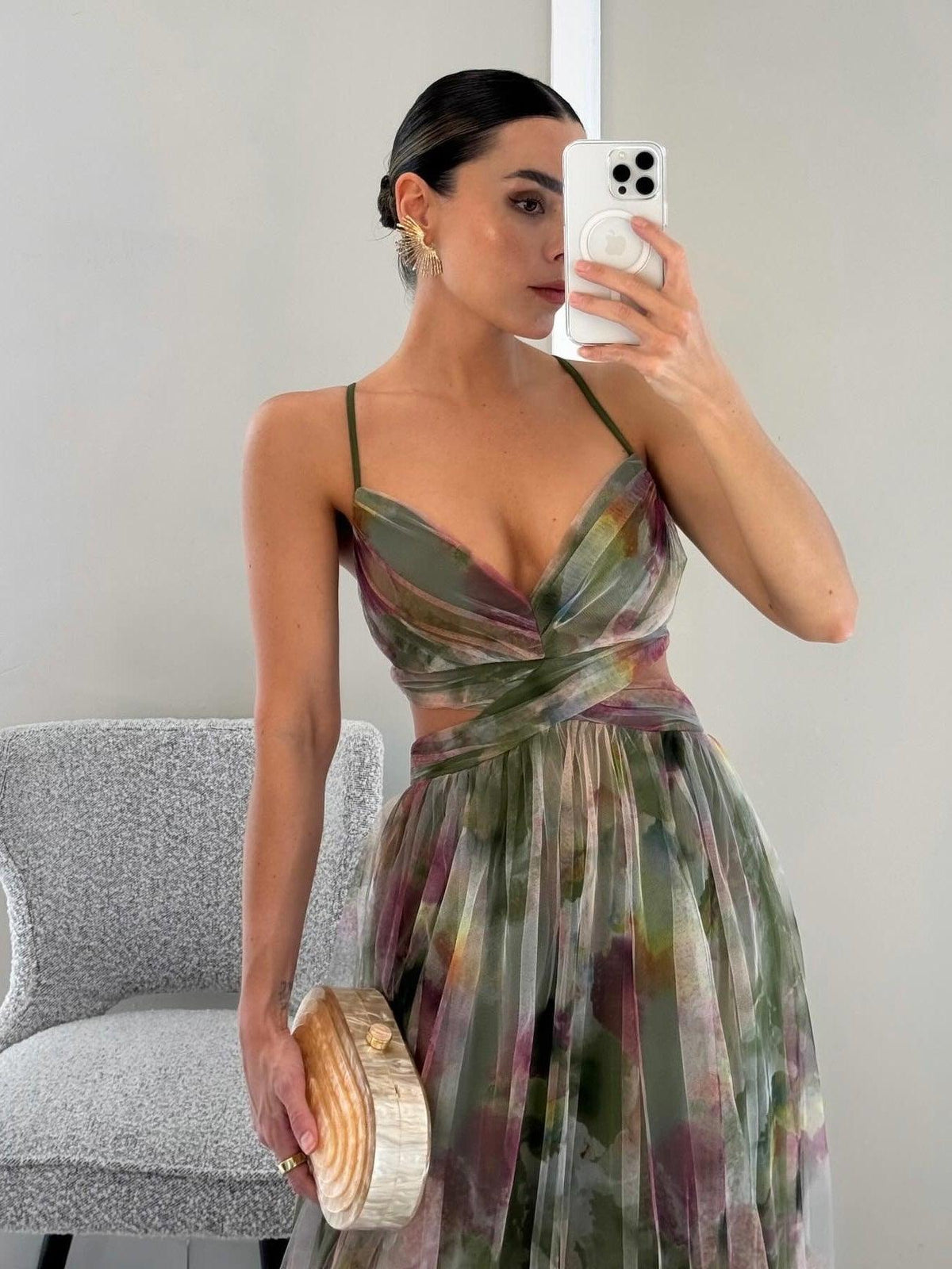 Painted Floral V-Neck A-Line Maxi Dress