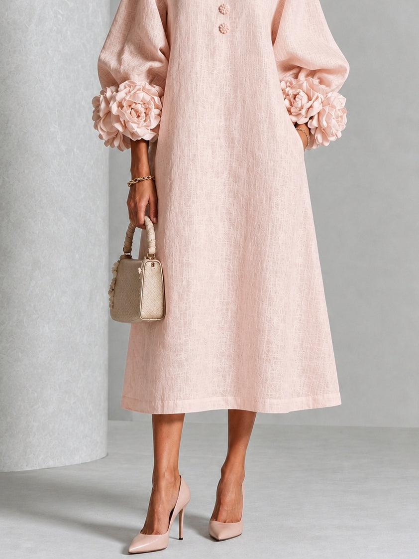 Jade - Robe Midi Rose Fleurie à Boutons et Manches Volumineuses