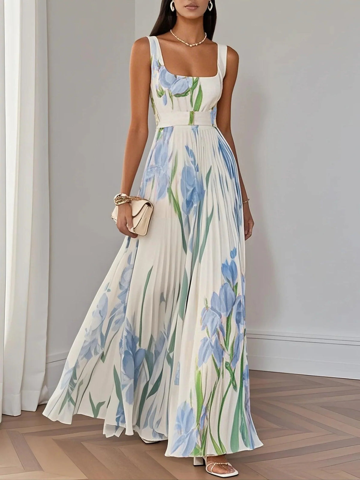 Pleated Floral Chiffon Square-Neck Maxi Dress