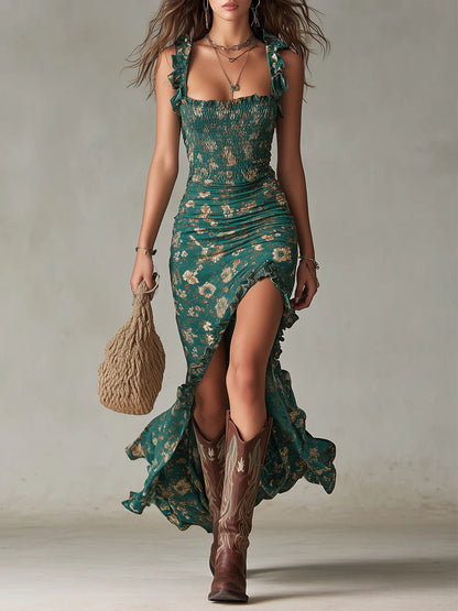 Bohemian Green Print Ruffle Maxi Dress