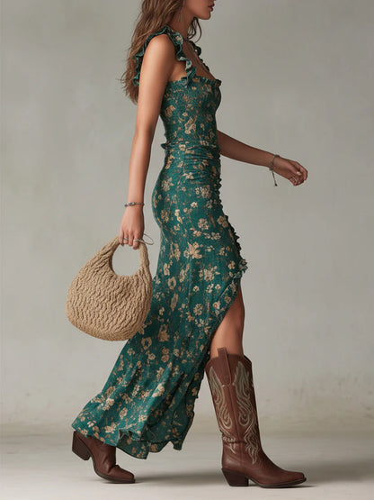 Bohemian Green Print Ruffle Maxi Dress