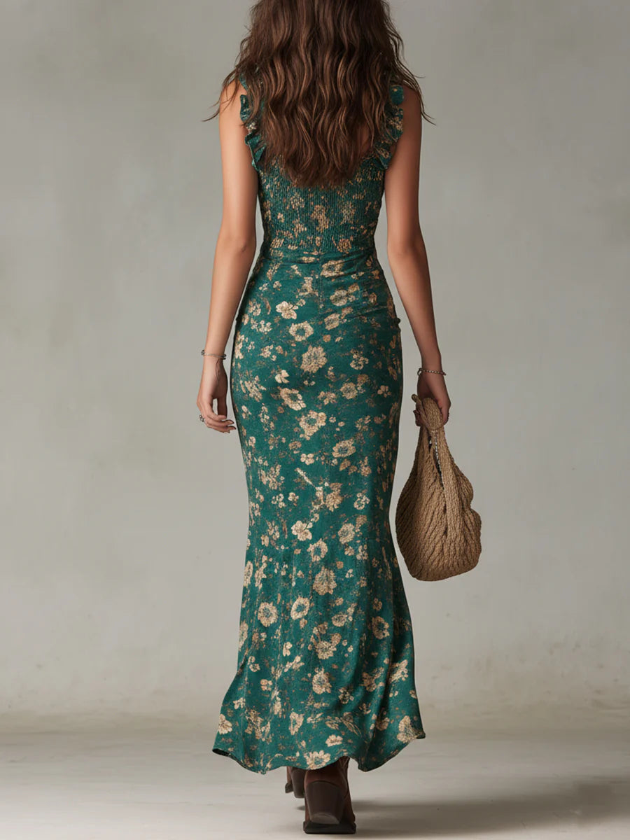 Bohemian Green Print Ruffle Maxi Dress