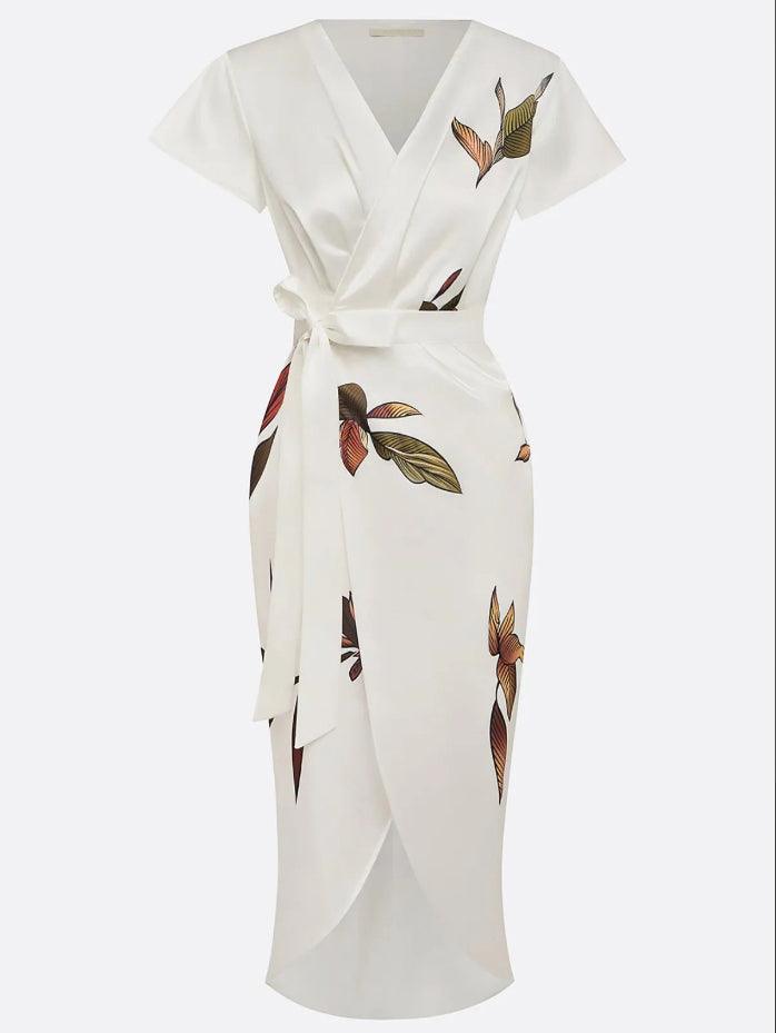 Leaf Print Satin Wrap Midi Dress