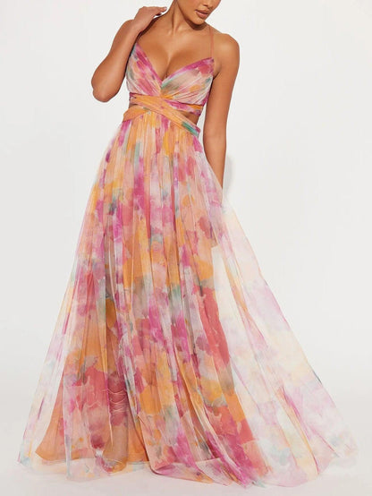 Painted Floral V-Neck A-Line Maxi Dress