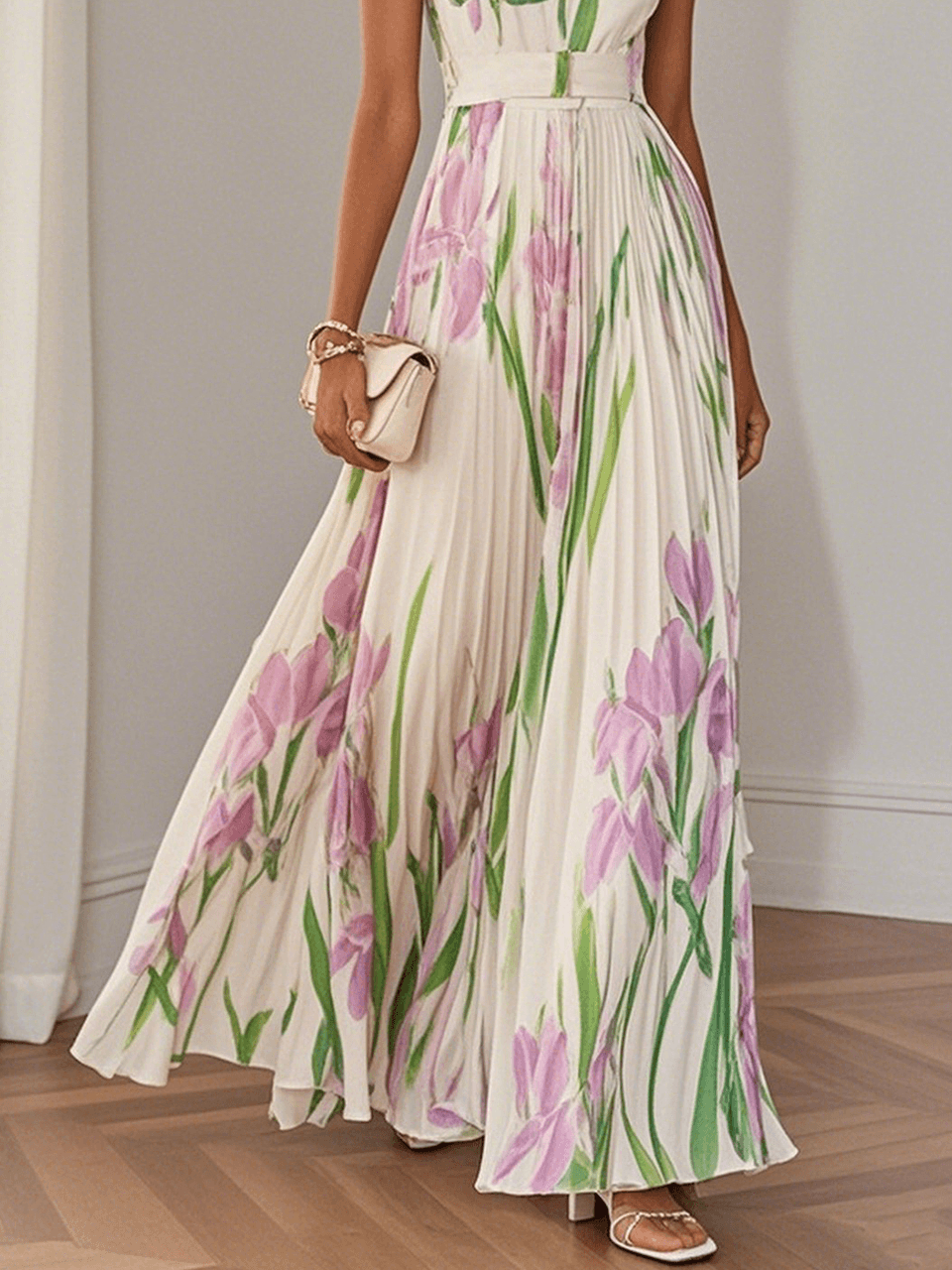 Pleated Floral Chiffon Square-Neck Maxi Dress