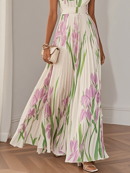 Pleated Floral Chiffon Square-Neck Maxi Dress