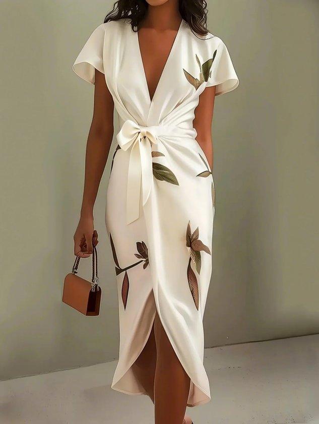 Leaf Print Satin Wrap Midi Dress