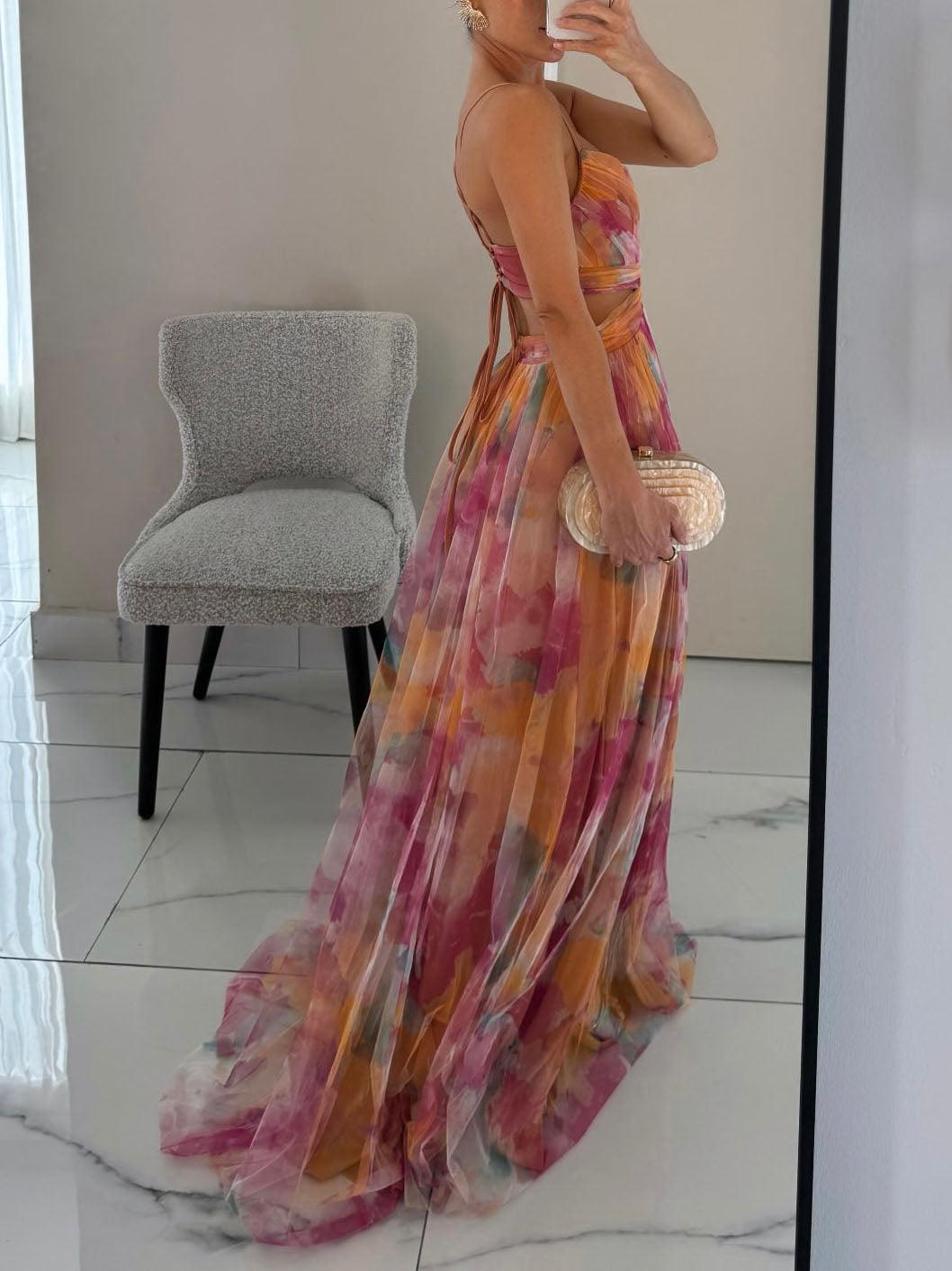 Painted Floral V-Neck A-Line Maxi Dress