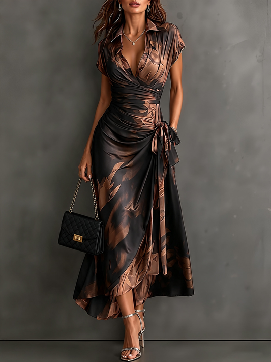 Chloé - Robe Midi Cache-Cœur Marron et Noire à Imprimé Abstrait et Ourlet Volanté