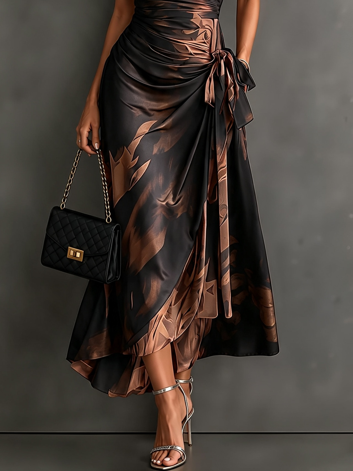 Chloé - Robe Midi Cache-Cœur Marron et Noire à Imprimé Abstrait et Ourlet Volanté