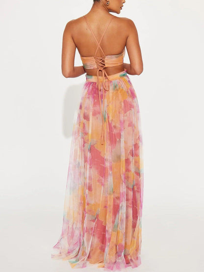 Painted Floral V-Neck A-Line Maxi Dress