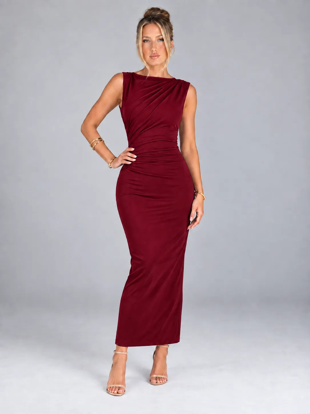 Emily - Black Ruched Sleeveless Maxi Dress