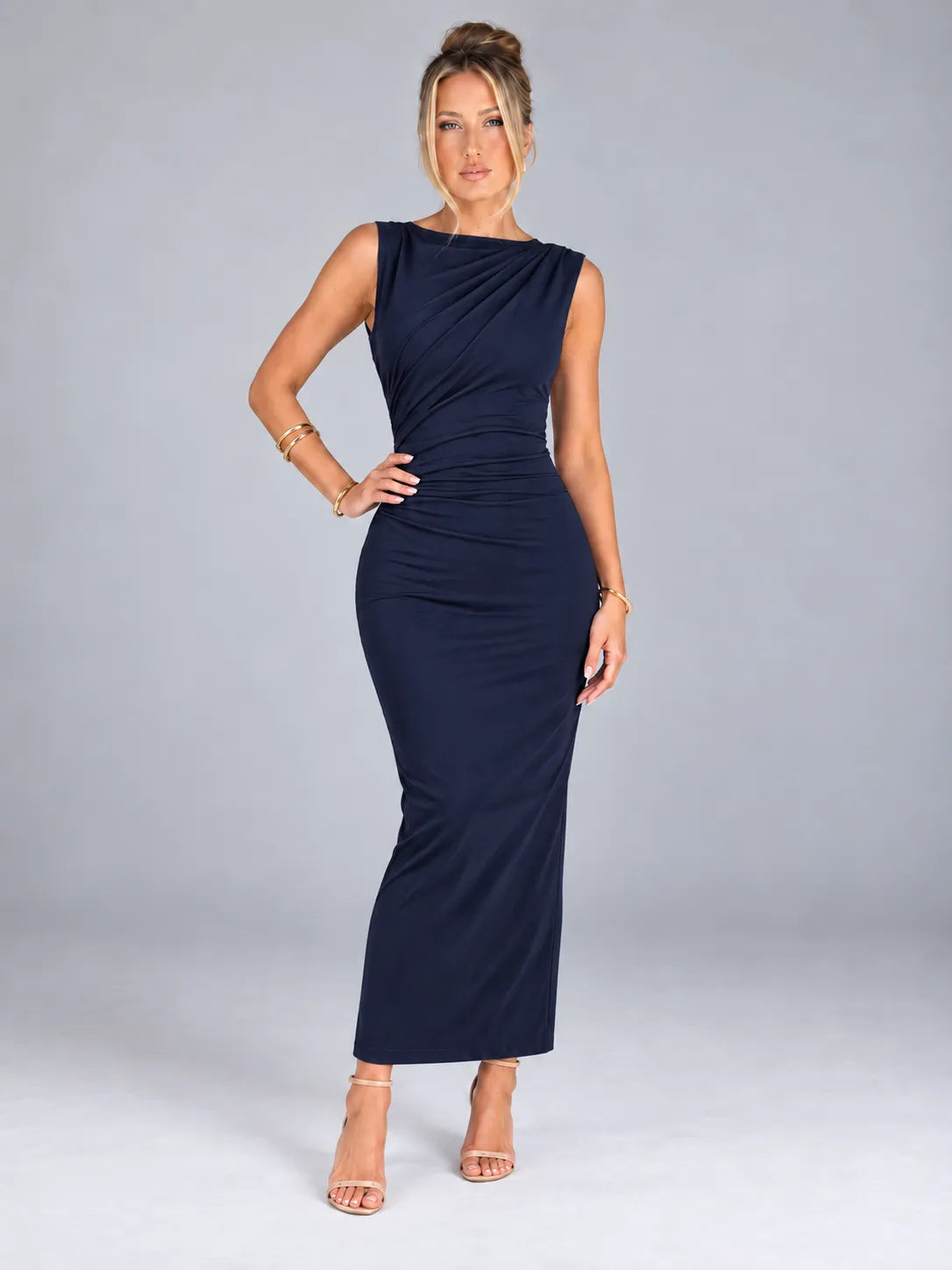 Emily - Black Ruched Sleeveless Maxi Dress