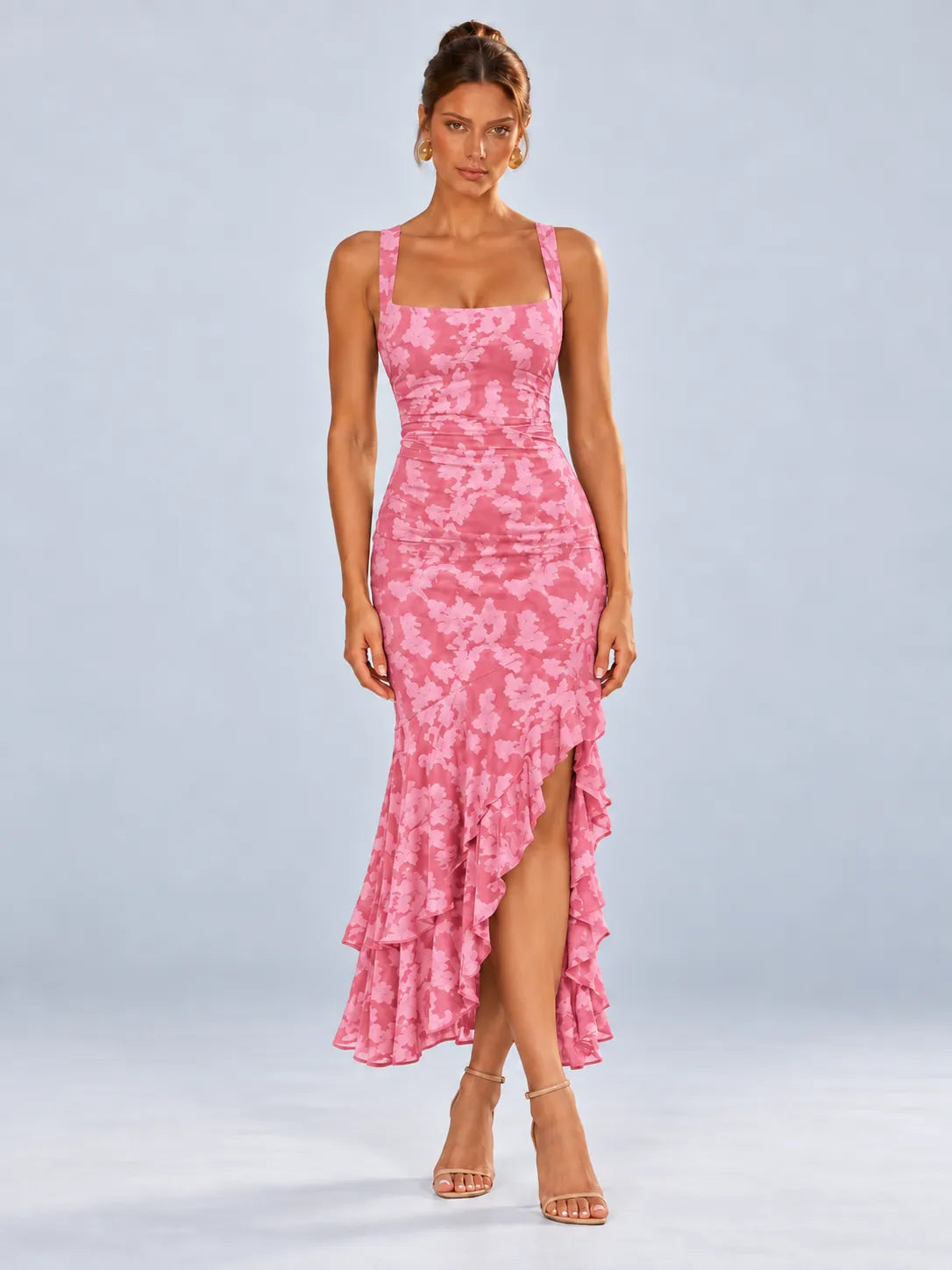 Grace - Wine Red Floral Ruffle Maxi Dress