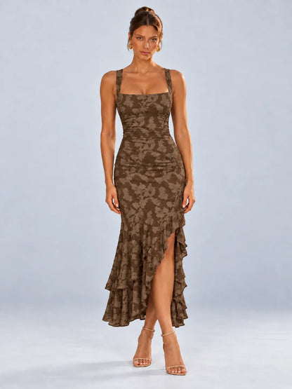 Grace - Wine Red Floral Ruffle Maxi Dress