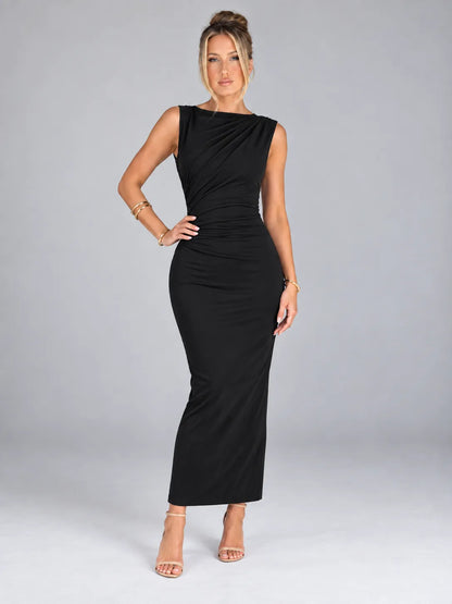 Emily - Black Ruched Sleeveless Maxi Dress