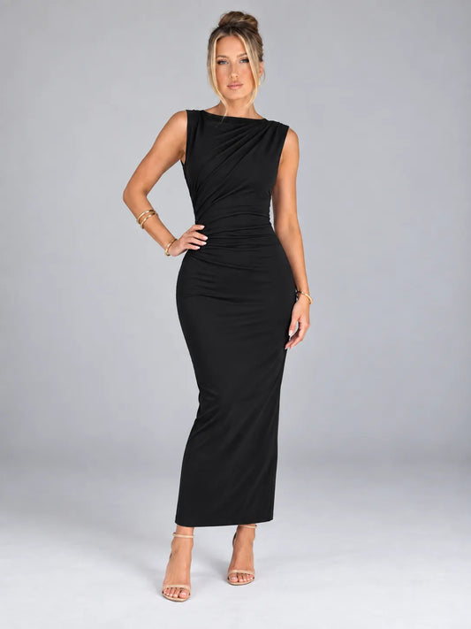 Emily - Black Ruched Sleeveless Maxi Dress