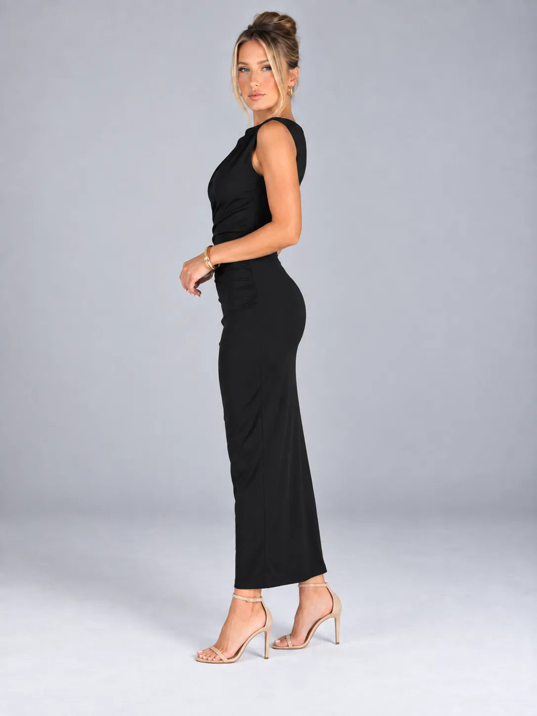 Emily - Black Ruched Sleeveless Maxi Dress