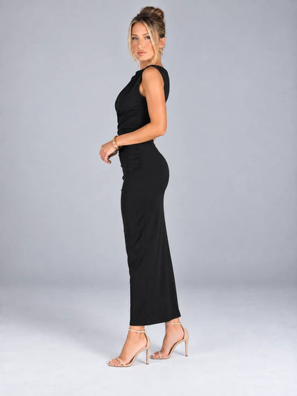 Emily - Black Ruched Sleeveless Maxi Dress