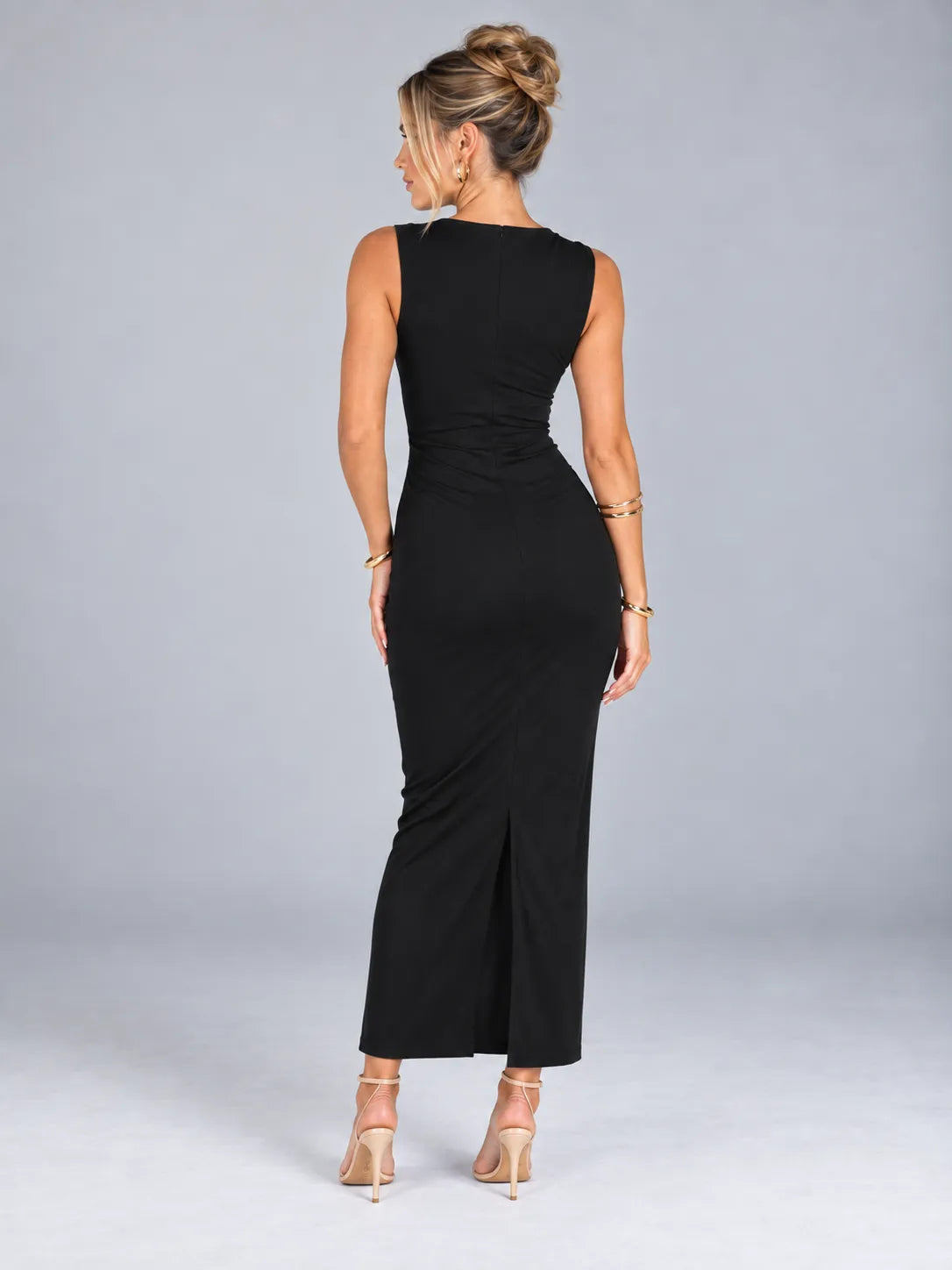 Emily - Black Ruched Sleeveless Maxi Dress