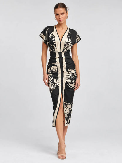 Melanie - Botanical Ruched Midi Dress