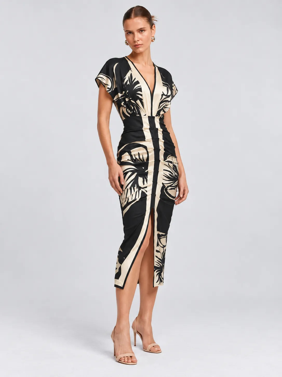 Melanie - Botanical Ruched Midi Dress