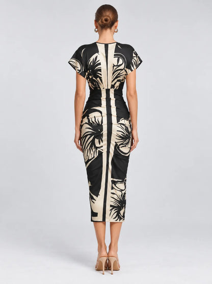 Melanie - Botanical Ruched Midi Dress