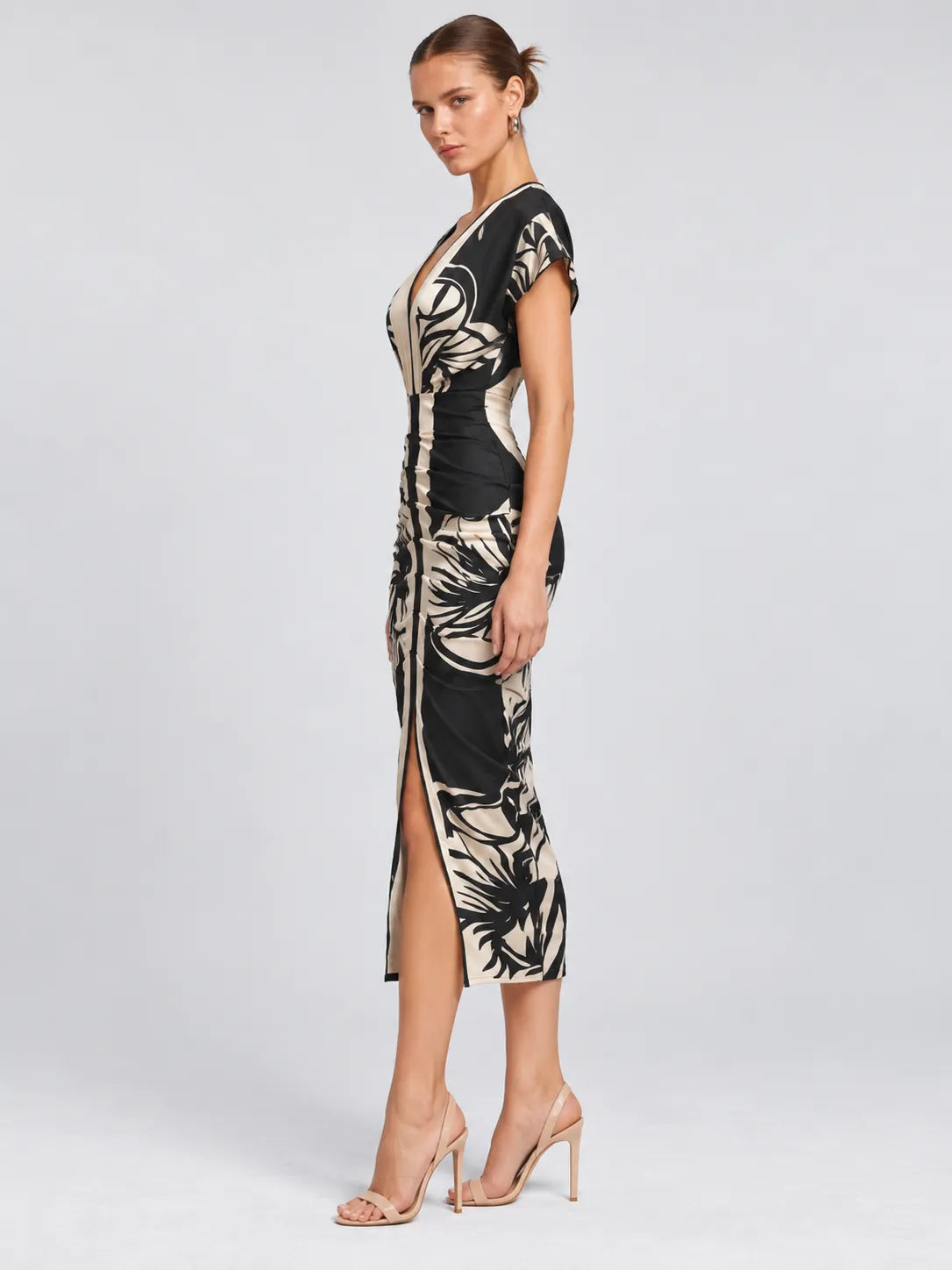 Melanie - Botanical Ruched Midi Dress