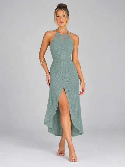 Anna - Sage Halter Lace Midi Dress