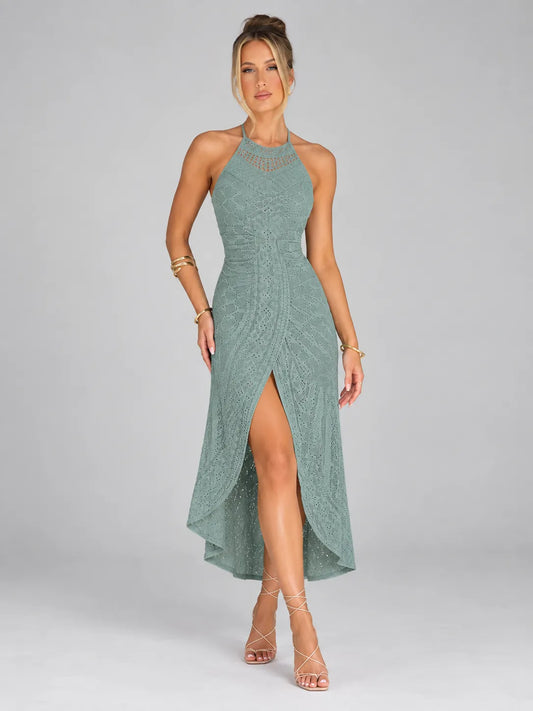 Anna - Sage Halter Lace Midi Dress