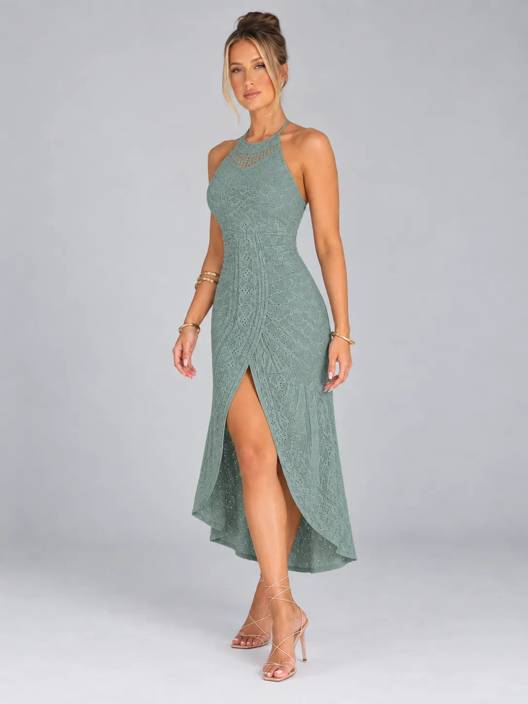 Anna - Sage Halter Lace Midi Dress