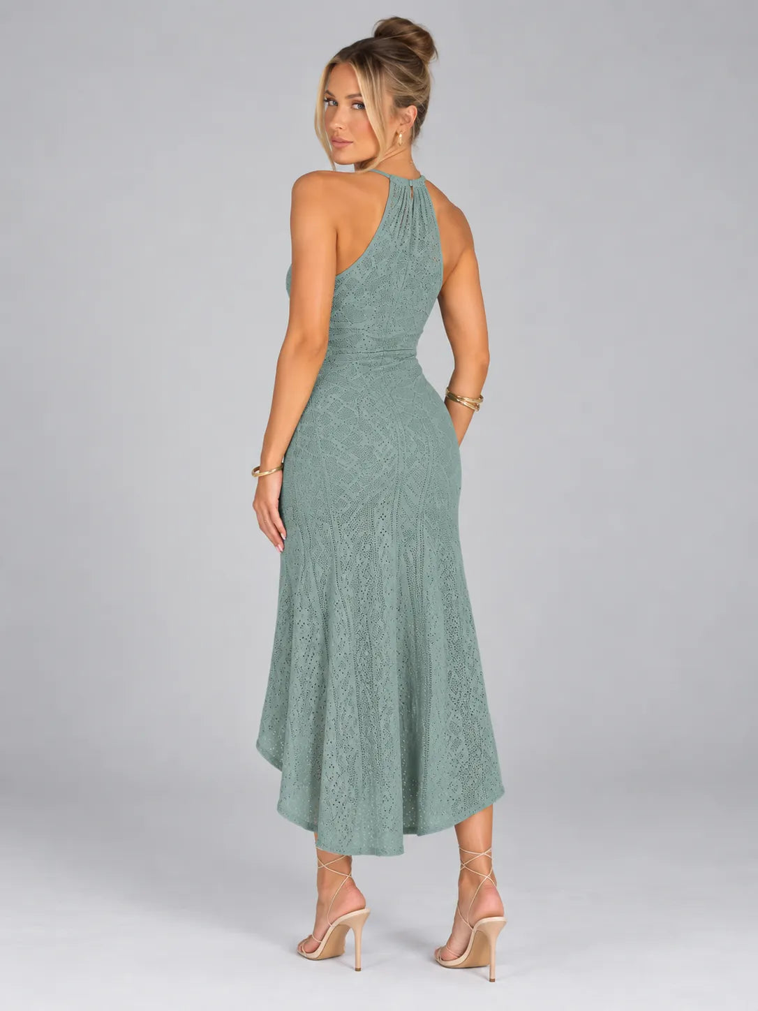 Anna - Sage Halter Lace Midi Dress