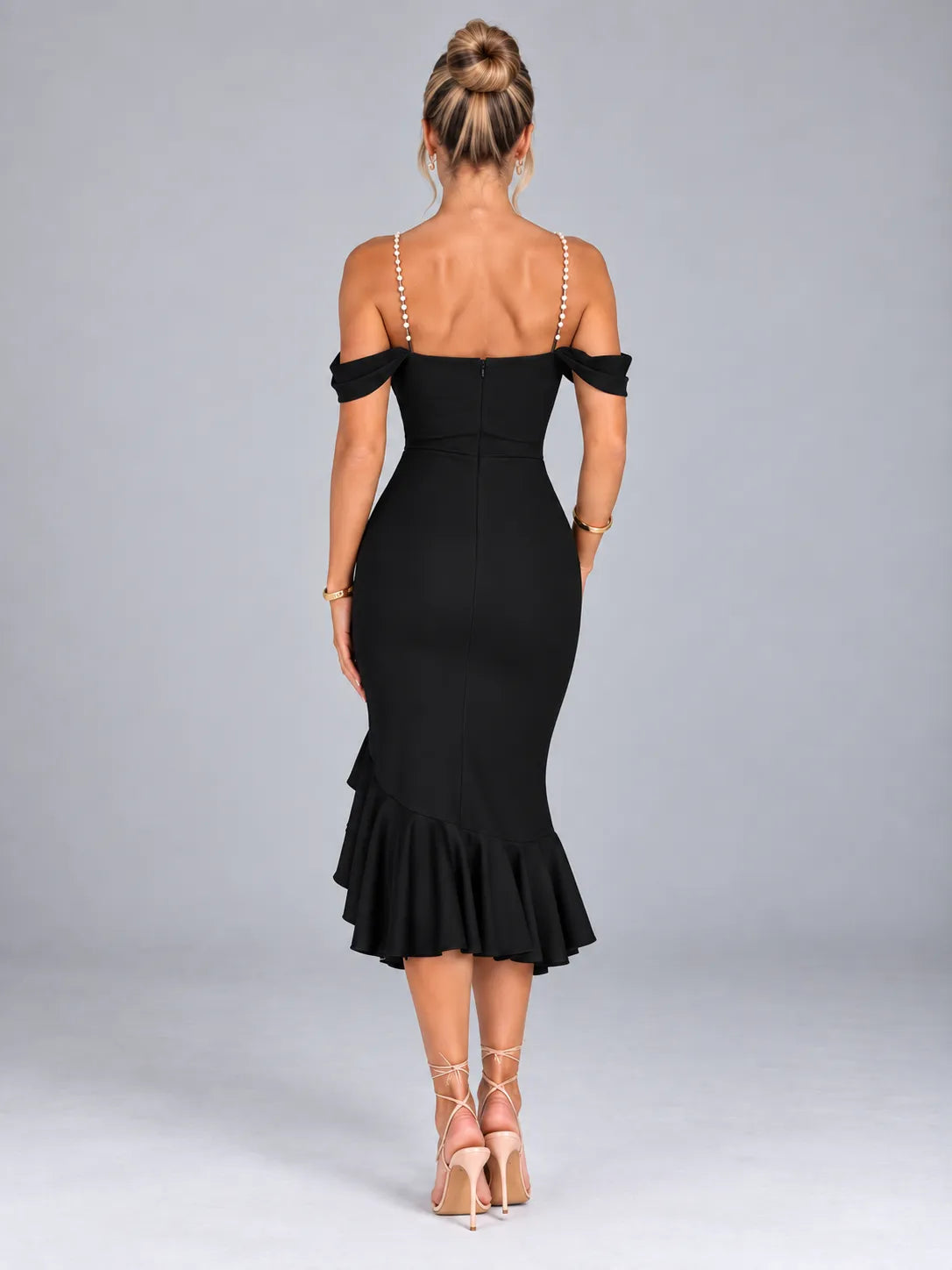 Clarie - Pearl Strap Ruffle Midi Dress