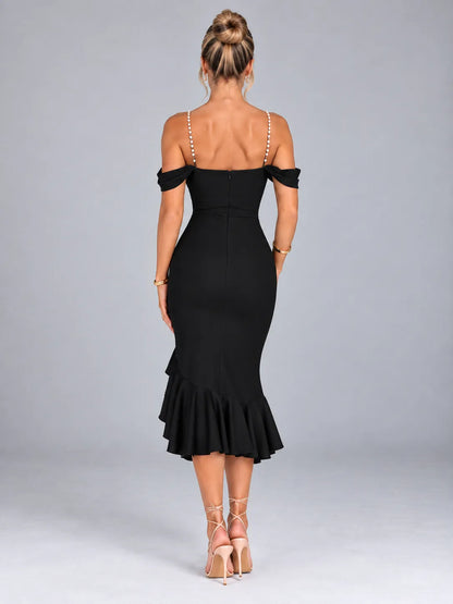 Clarie - Pearl Strap Ruffle Midi Dress