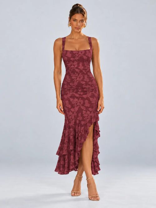 Grace - Wine Red Floral Ruffle Maxi Dress