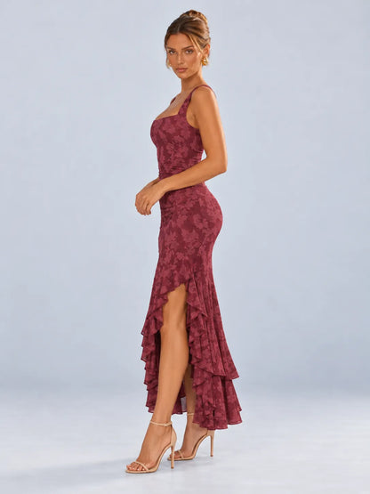 Grace - Wine Red Floral Ruffle Maxi Dress