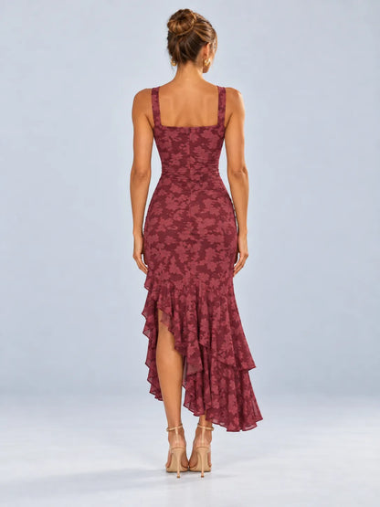 Grace - Wine Red Floral Ruffle Maxi Dress