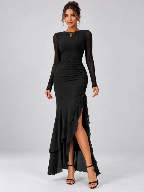 Fany - Black Mesh Long Sleeve Ruffle Maxi Dress