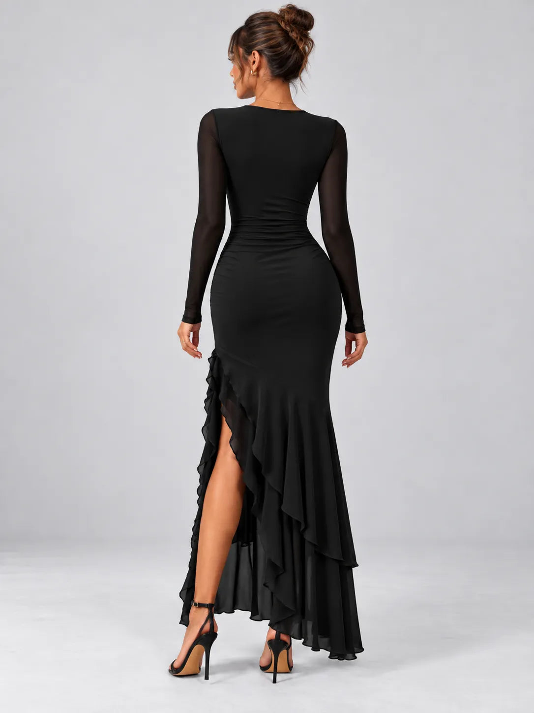 Fany - Black Mesh Long Sleeve Ruffle Maxi Dress