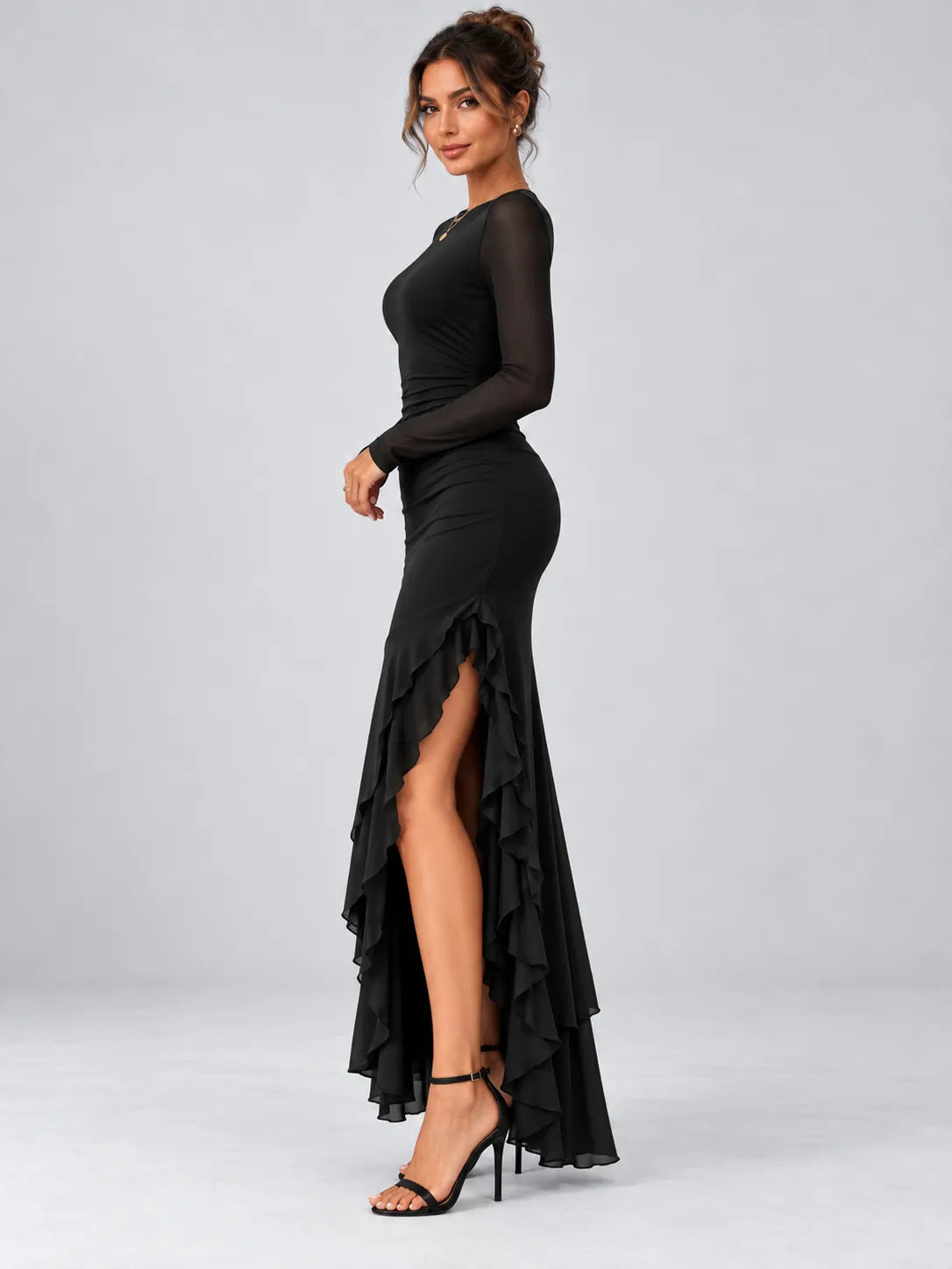 Fany - Black Mesh Long Sleeve Ruffle Maxi Dress