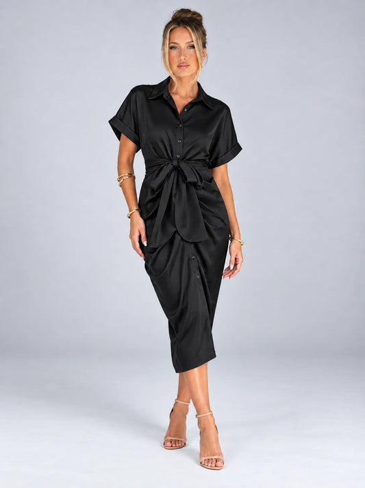 Harper - Tie-Waist Satin Shirt Midi Dress 4