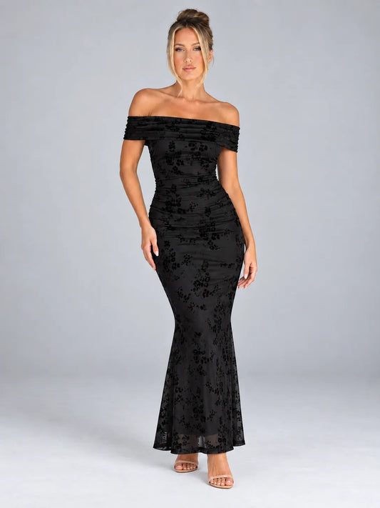 Madison - Off-Shoulder Floral Flocked Maxi Dress 1