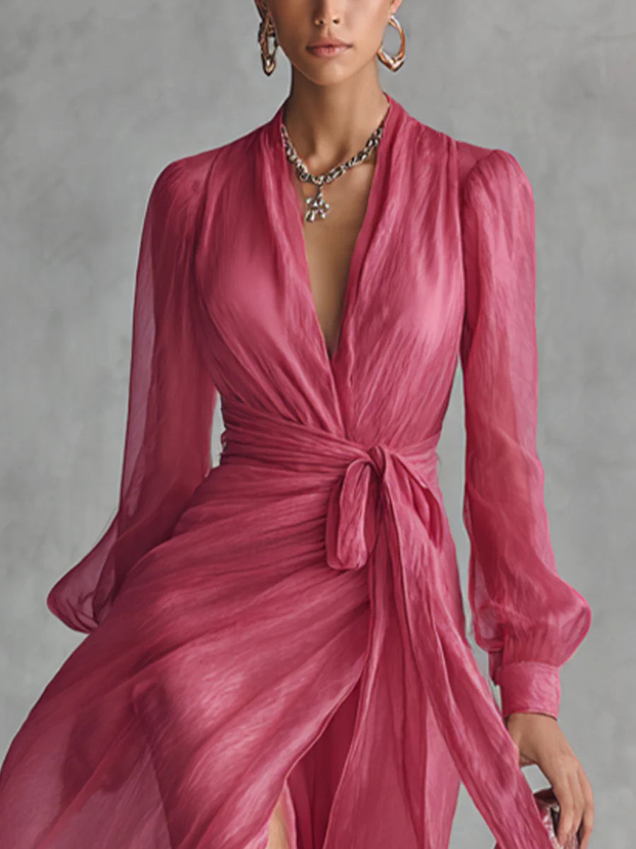 Elegant Pink Chiffon Tie-Waist Maxi Dress