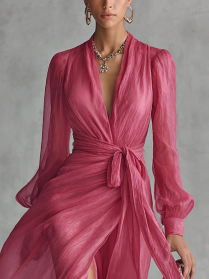 Elegant Pink Chiffon Tie-Waist Maxi Dress