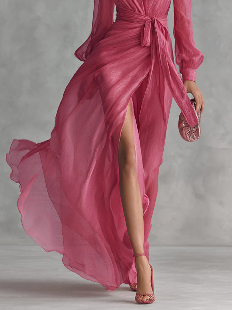 Elegant Pink Chiffon Tie-Waist Maxi Dress