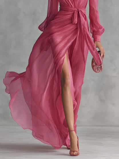 Elegant Pink Chiffon Tie-Waist Maxi Dress