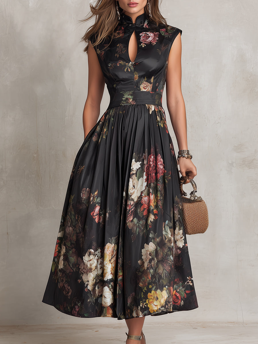 Black Floral Keyhole Pleated Satin Midi Dress