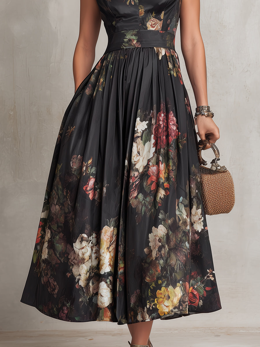 Black Floral Keyhole Pleated Satin Midi Dress