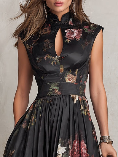Black Floral Keyhole Pleated Satin Midi Dress